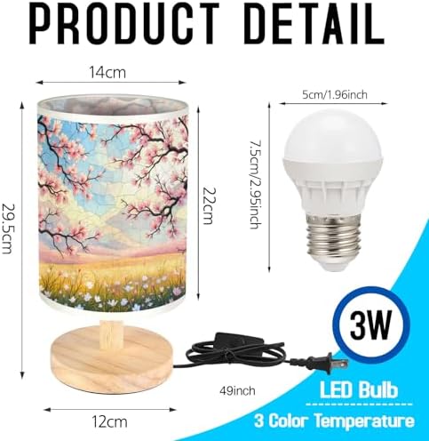 Cherry Blossom Field in Full Bloom Table Lamp LED 3-Color Pressed Bedside, Cherry Blossom Field in Full Bloom Shade Lamp with Wood Base for Bedroom Living Room Desk Office TL01
