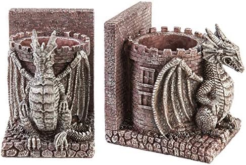 Bookends Dragon,Guard Castle Resin Decorative Bookends for Heavy Books with Pencil Holders, Fantasy Themed Book Holder for Home and Office