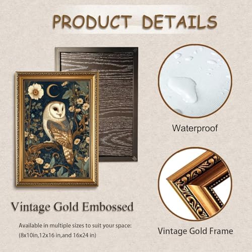 Vintage Gold Framed Owl Wall Art Dark Academia Canvas Art Prints | Dark Botanical Pictures Forest Animal Paintings Wall Decor Artwork for Living Room Bedroom 16x24in