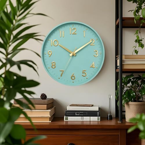 Mosewa Small 8 Inch Wall Clock Battery Operated Silent Non Ticking Analog | Mint Green modern clock; oversized 3D easy-read dial for kitchen, bedroom & office; 1 AA battery (not included)