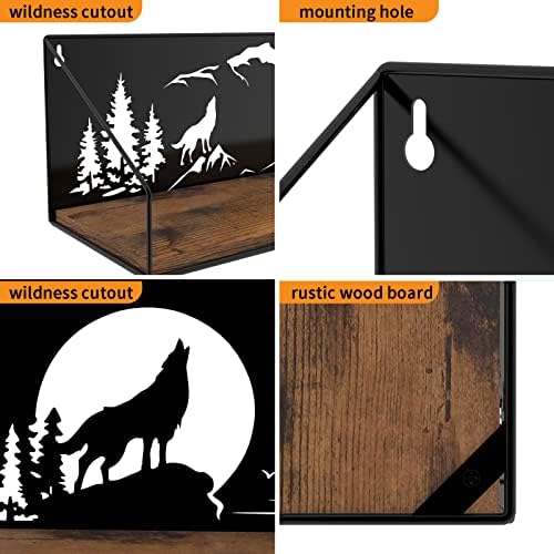 Giftgarden Floating Shelves for Wall with Unique Howling Wolves Cutout, Rustic Wolf Decor Wood Iron Hanging Shelf Decoration for Bedroom Bathroom Storage Cabin Lodge, Black
