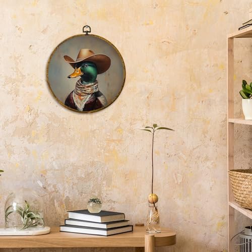 CUANFDDSF Western Cowboy Mallard Duck Round Wall Art, Rustic Farmhouse Funny Animal Framed Hanging Wall Decor, Whimsical Cowboy Country Duck Canvas Prints Decorations for Gallery Bedroom, 10x10 Inch