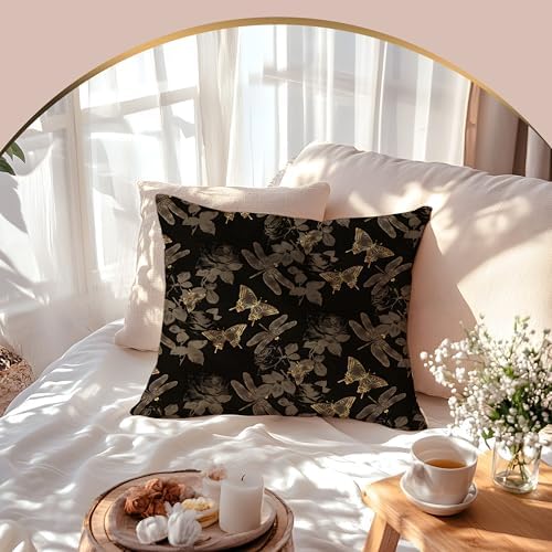 Dark Gold Elegant Butterfly Pillow Covers 18x18 Double-Sided, Butterfly Room Home Decor, Vintage Cottagecore Moth and Dragonfly Botanical Decorative Throw Pillow Covers
