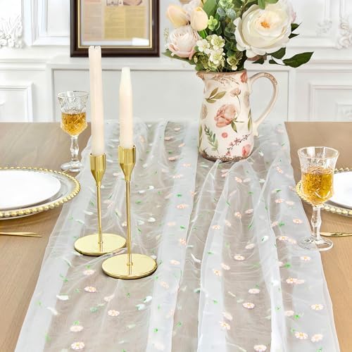 FEXIA Table Runner 10FT Gauze Elegant Tea Party Decor Pastel Embroiderey