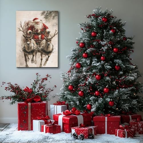 Vintage Santa in Sleigh with Reindeer Canvas Art 8x12, Framed Classic Christmas Wall Art for Holiday Decor, Cozy Winter Snow Scene Nature Wall Decor for Living Room Kitchen Office