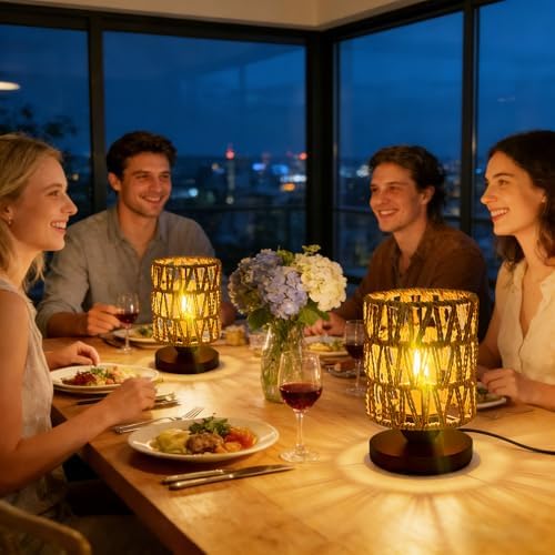 Small Rattan Lamp for Bedroom,Dimmable LED Boho Table Lamp for Living Room