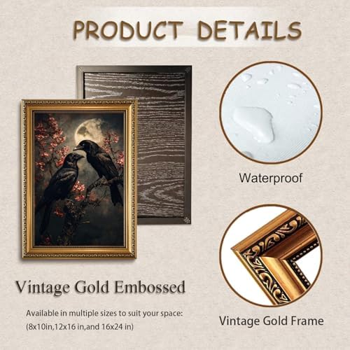 Gold Framed Gothic Raven Wall Art Dark Academia Canvas Art Prints | Vintage Crow Cherry Blossom Paintings Moody Full Moon Pictures Wall Decor Artwork for Living Room Bedroom 8x10in