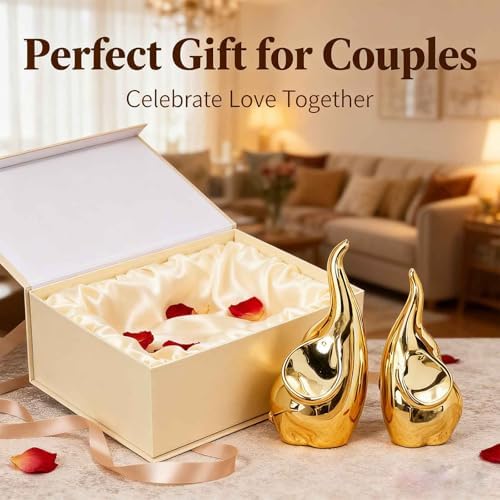 Ceramic Elephant Figurines with Trunk Up, Pair Couples Loving Elephant Statue, Small Figurines Sculpture African Home Decor, Valentine Elephants Gifts for Women, Wedding Knick Knacks（Gold）