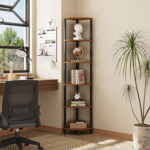 VIMBER Corner Shelf, 6-Tier Corner Bookshelf, Industrial Corner Ladder Shelf, DIY Storage Shelves, Rustic Display Shelf for Living Room, Bedroom, Kitchen, Home Office, Rustic Brown and Black UJSJ004F