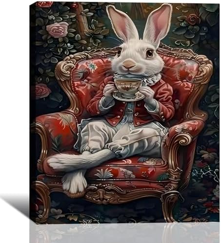 Noble Gentleman Easter Rabbit Canvas Print, Vintage Framed Bunny Art for Office Wall Decor, Victoria Spring Canvas Art Pictures for Living Room Hallway Holiday Wall Decoration