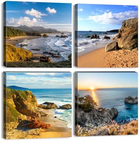 Oregon Coast Beach Wall Art Ocean Landscape Canvas Pictures Prints Coastal Wall Decor for Bathroom Living Room Kitchen Modern Home Decorations Nature Scenery Paintings Nautical Artwork 20x20” 4 Pcs