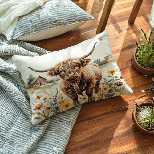 Highland Cow Decorative Throw Pillow Covers with Wildflowers 12x20 Inch Farmhouse Rustic Cushion Cover Western Cows Lumbar Pillowcase 2Pack for Couch Sofa (Beige)