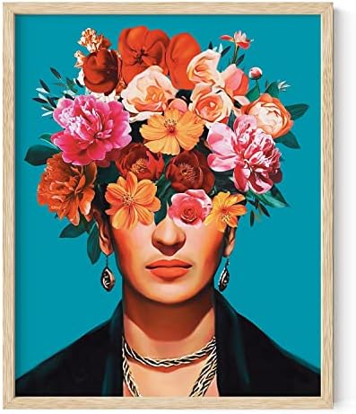 HAUS AND HUES Frida Kahlo, Mexican Art - Diego Rivera Frameable Prints, Female Empowerment Gifts, Frida Kahlo Flowers Mexican Wall Art (Beige Frame, 16x20)