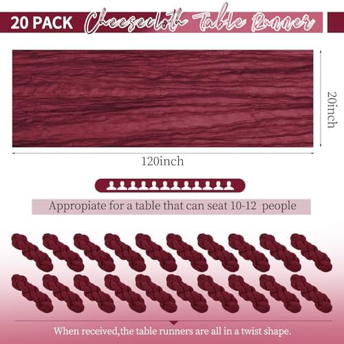 20 Pack Burgundy Table Runner 10Ft Burgundy Cheesecloth Table Runner Boho Gauze Table Runners Long Romantic Sheer Fabric Cheese Cloth Table Runners for Wedding Party Bridal Shower