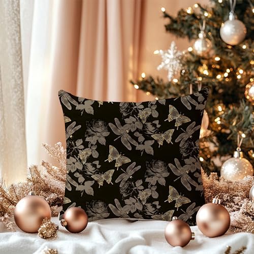 Dark Gold Elegant Butterfly Pillow Covers 18x18 Double-Sided, Butterfly Room Home Decor, Vintage Cottagecore Moth and Dragonfly Botanical Decorative Throw Pillow Covers