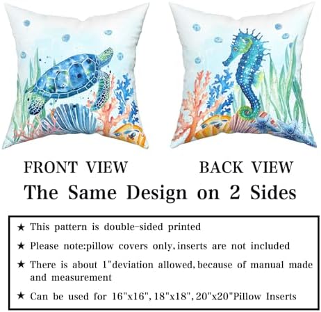 Giwawa Coastal Ocean Pillow Covers Set of 2-18"x18" Sea Turtles Seahorse Decorative Throw Pillow Cases- Watercolor Marine Animals Double Sided Square Cushion Covers for Sofa Couch Bed Car