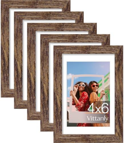 Vittanly 4x6 Picture Frames Set of 5, Wall Mount or Tabletop Display, Brown