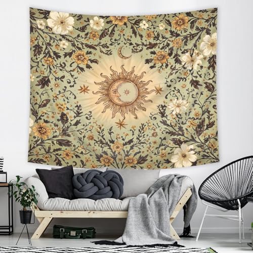 Riyidecor Boho Sun and Moon Tapestry 59Wx51H Inch Green Bohemian Whimsical Floral Flower Leaves Plant Vintage Hippie Retro Rustic Wall Hanging Artistic Home Dorm Decor Art Living Room Bedroom