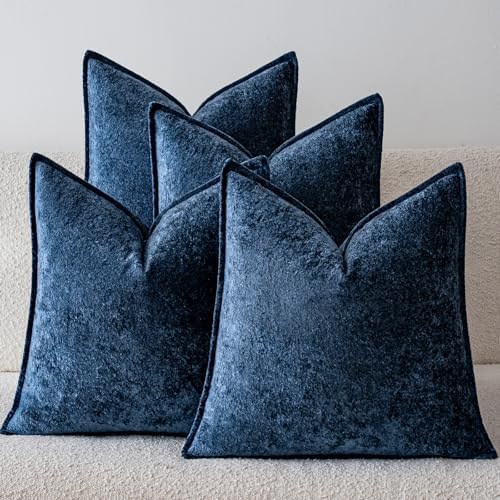 a moment Throw Pillow Covers 24X24 Inch 4 Packs,Soft Velvet Decorative Pillow Cases with 3D Ice Flower,Texture Modern Accent Cushion Covers for Sofa Couch Home Decor Navy Blue