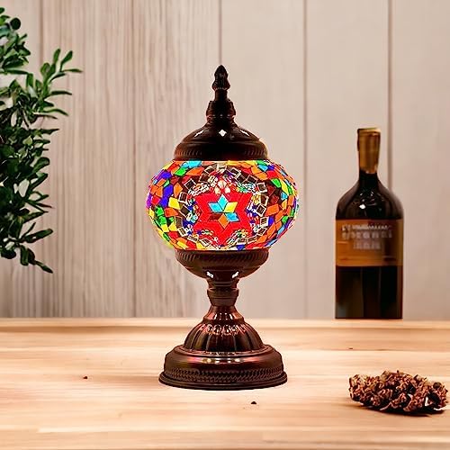 SILVERFEVER Handcrafted Mosaic Turkish Lamp Moroccan Glass Table Desk Bedside Light Bronze Base with E12 Bulb (Wine Star of David)