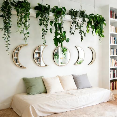 5-Piece Set of Moon Phase Mirror Decorations in Nordic Style, Acrylic Mirror paired with Wooden Combination, Bohemian Style Living Room Bedroom Home Decoration, Beige (Beige)