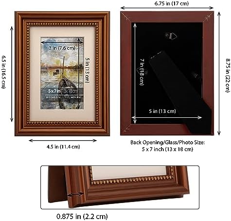 5x7 inch Wood Classic Picture Frame Set, Gold Ornate Beaded Inner, Matted for 3.5x5.5 Photo, Multiple way display, 2 Pack Brighton Walnut