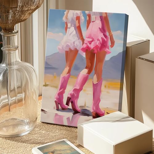 Framed Pink Preppy Wall Art Set of 3, Cowgirl Boots Cherry Cocktail Pictures Wall Decor, Trendy Poker Paintings Canvas Prints Girly Aesthetic Home Decor for Living Room Bedroom Dorm Bar 16x24 inch