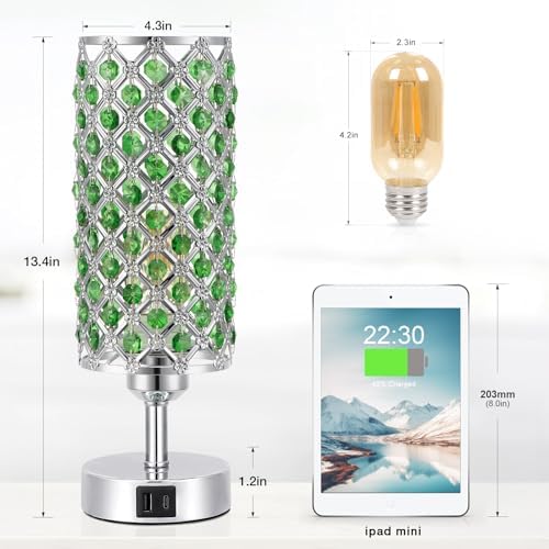Green Crystal Bedside Lamp, Nightstand Lamp for Bedroom (Bulb included)