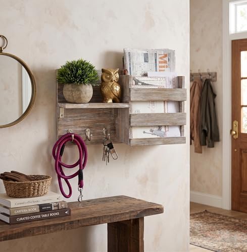 Rustic Wall Key Holder & Mail Sorter with 3 Hooks & Shelf