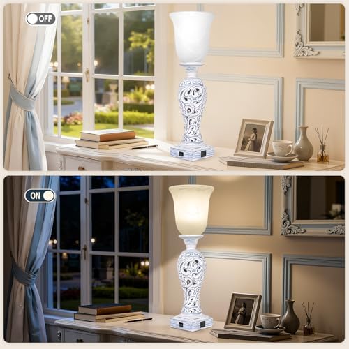 3-Way Dimmable Table Lamp with 2 USB Charging Ports, Washed Blue Finish