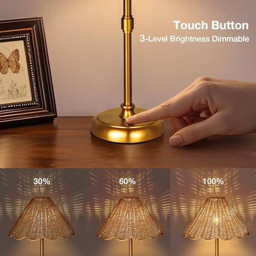 Cordless Boho Rattan Table lamp, 5200-mAh Rechargeable Battery, 3-level Brightness Dimmable, Build-in Integrated LED 320 Lumen Max, Rattan Shade, for Bedside Restaurant Resort Hotel Dining Table