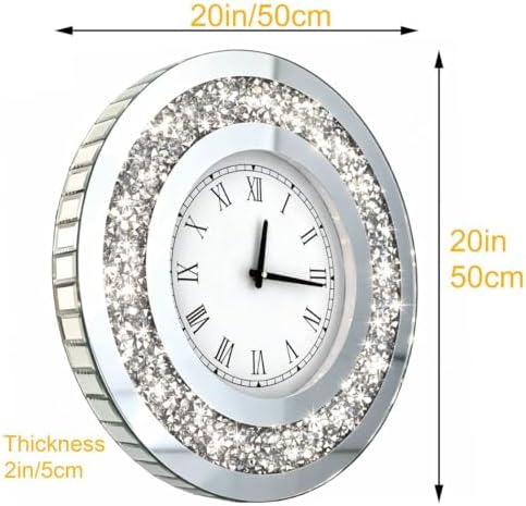 DMDFIRST Silver Round Mirror Clock 20x20inches Crystal Sparkle Twinkle Bling Crush Diamond Mirrored Large Wall Clock for Wall Decoration Silver Glass Mirror Home Décor. AA Battery is not Included.
