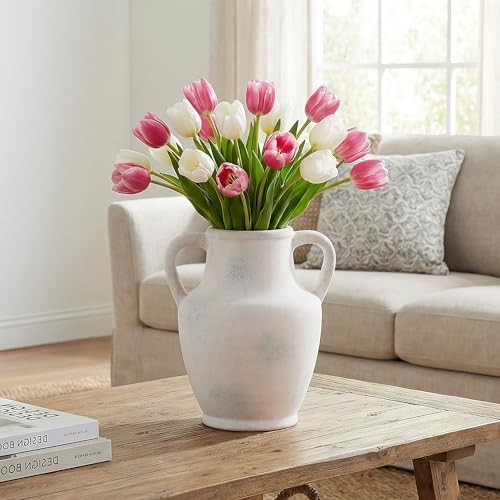 Ceramic Flower Vase with Handles, 8.66 inch Tall Ceramic Vase Farmhouse Rustic Vases Decorative Pottery Vases for Home Decor Living Room Bookshelf Table Centerpiece Desk Bathroom Fireplace, White