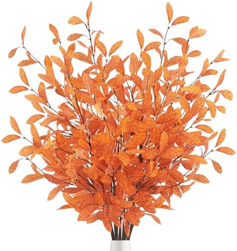 Uieke 18 Pcs Artificial Fall Eucalyptus Stems Fall Eucalyptus Leaves Plants Fall Decorations with Fall Leaves for Autumn Office Home Wedding Centerpiece Fall Florals Arrangement Decor (Orange)