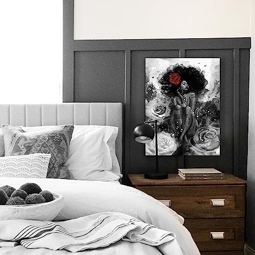 African American Canvas Wall Art Black Girl Fashion Print Abstract Black Art Picture Women Rose Wall Decor Painting Framed Modern Artwork for Bedroom Bathroom Office Home Decor 16x20inch