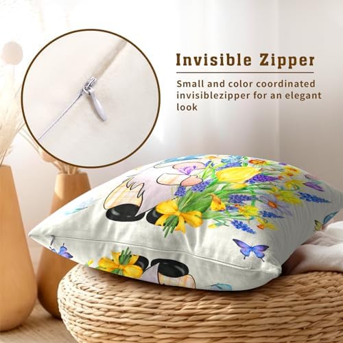 Spring Gnome Decorative Throw Pillow Cover 20x20 Inch Set of 2 Bloom Flower Pillowcase Spring Easter Colorful Floral Farmhouse Cushion Covers for Home Sofa Living Room Decor