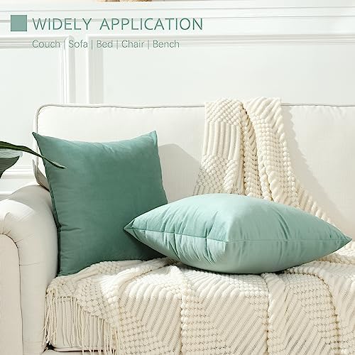 Stellhome Soft Velvet Throw Pillow Covers Square Decorative Cushion Covers for Spring Sofa Bedroom Bench, 18 x 18 inch (45 x 45 cm), Sage Green, Pack of 2