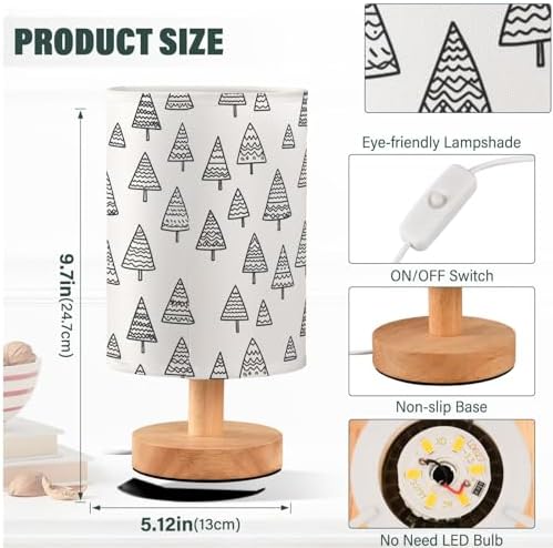 Simple Christmas Trees Black and White Bedside Table Lamps with USB Port for Bedroom Lamp Accent Table Lamp Small Nightstand Lamp Sturdy Linen Shade Wooden Decorative Lamps for Home|Kids|Holiday