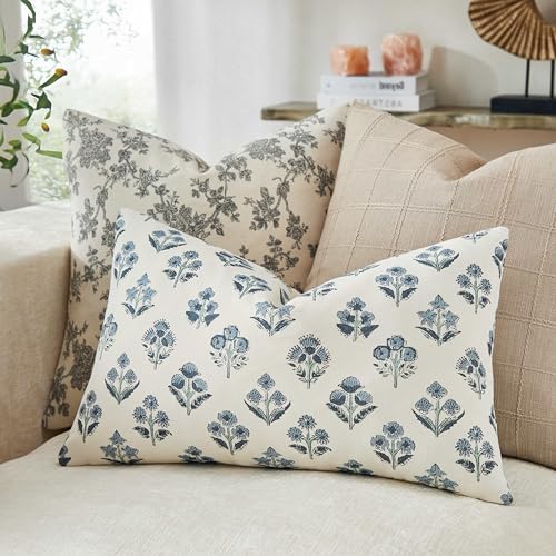 Floral Lumbar Pillow Covers Set of 2, 12x20 Inches Dusty Blue