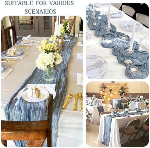 3 Pack 120 Inch Dusty Blue Cheesecloth Table Runner Boho Rustic Gauze Sheer Romantic 10 FT Long Cheese Cloth Table Runner for Bridal Baby Shower Wedding Party Birthday Holiday Home Easter Decor