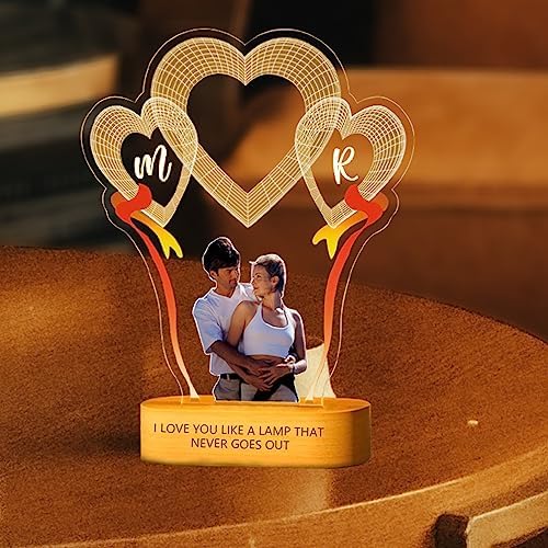 FolHaoth Personalized Photo Acrylic Love Sign Plaque Gifts for Couples Girlfriend Boyfriend Wife Husband Customizable LED Night Light Wooden Base Lamps Desk Bedroom Decor Signs