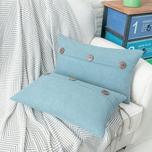 HWY 50 Light Blue Chenille Throw Pillow Covers 12x20 Inch Buttons Pack of 2