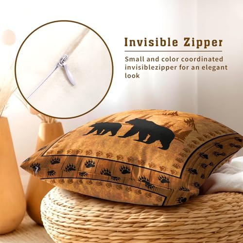Bear Throw Pillow Covers 24x24 Inch Set of 2 Retro Brown Mountain Decorative Pillowcase Rustic Cabin Bear Hunting Animal Paw Prints Decorative Cotton Cushion Case for Home Sofa Bedroom