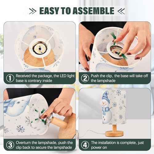 Cute Snowman Snowflake Blue and White Winter Bedside Table Lamps with USB Port for Bedroom Lamp Accent Table Lamp Small Nightstand Lamp Sturdy Linen Shade Wooden Decorative Lamps for Kids|Dorm|Home