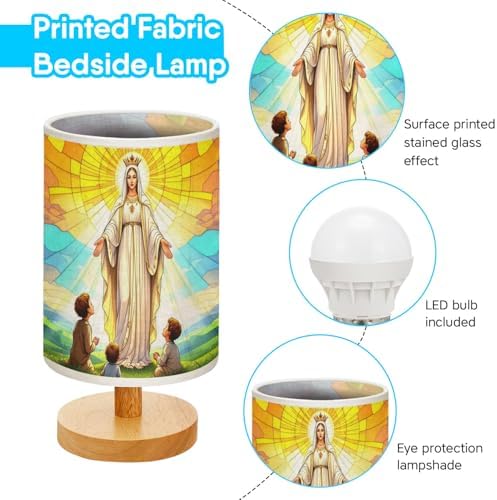 Our Lady of Fatima Apparition Table Lamp LED 3-Color Pressed Bedside, Our Lady of Fatima Apparition Shade Lamp with Wood Base for Bedroom Living Room Desk Office TL01