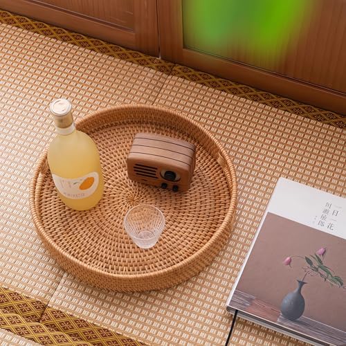 11.8" Round Rattan Tray, Hand Woven Serving Tray with Handles, Wicker Serving Basket, Decorative Tray for Home Decor, Natural
