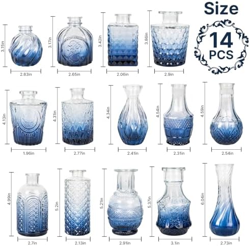 Clear Gradient Blue Glass Bud Vase Set of 14 Pcs,Small Bud Vases in Bulk,Glass Crystal Flower Vases Table Centerpieces for Party Event Wedding Decor Baby Shower Decorations (Gradient Blue, 14 Pcs)
