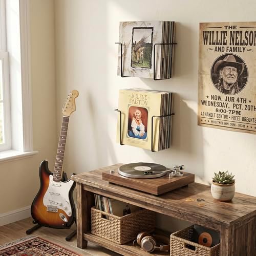 MyGift 2 Pack Vinyl Record Wall Mount Holder Black Metal Display Shelf
