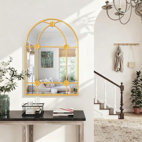 Wall Arched Mirror, Gold Metal Framed Arch Mirror Modern Artistic Decorative Mirrors for Bedroom Living Room Bathroom, 20x28 Inch Decor