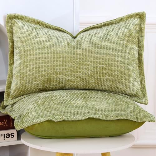 MADIZZ Decorative Chenille Velvet Throw Pillow Covers Set of 2 Soft Boho Textured Neutral Couch Throw Pillow for Bed Modern Farmhouse Home Decor for Sofa Livingroom Light Green 12x20 Inch